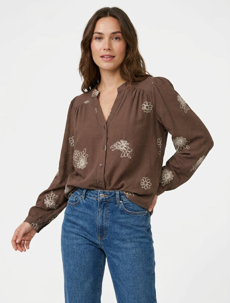 Blusa fluida con bordados florales - Marrón
