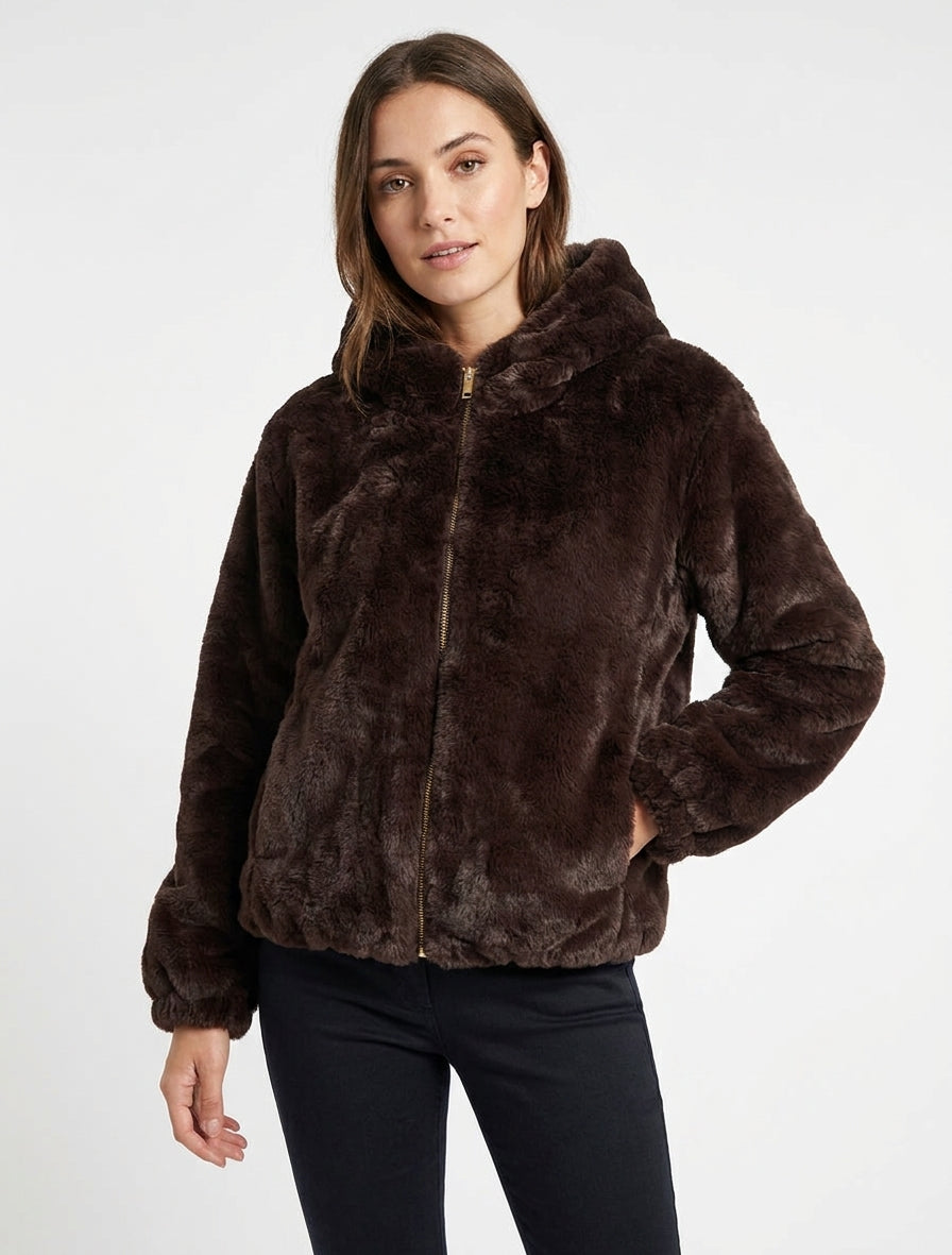 Chaqueta con cremallera de piel sintética - Marrón