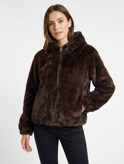 Chaqueta con cremallera de piel sintética - Marrón