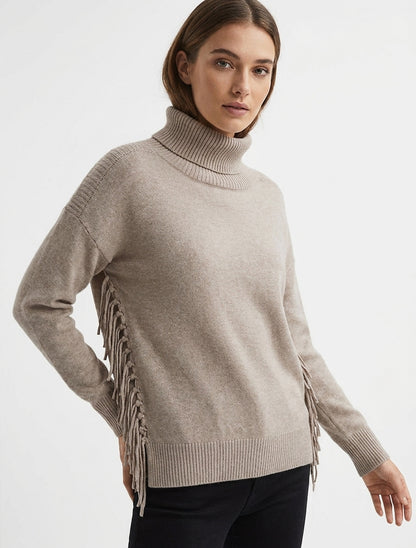 Suéter liso con flecos y cuello alto - Topo
