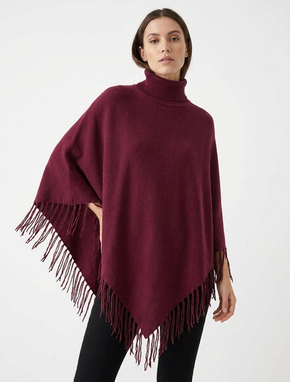 Poncho oversize con flecos - Color vino