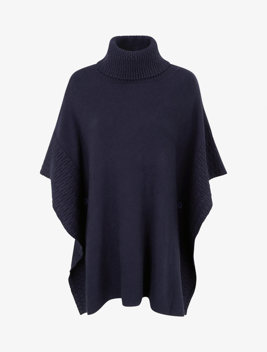 Poncho ample à col roulé en maille fantaisie - Marine - 1