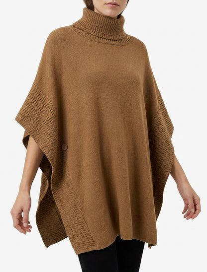 Poncho amplio de cuello alto en punto fantasía - Camello