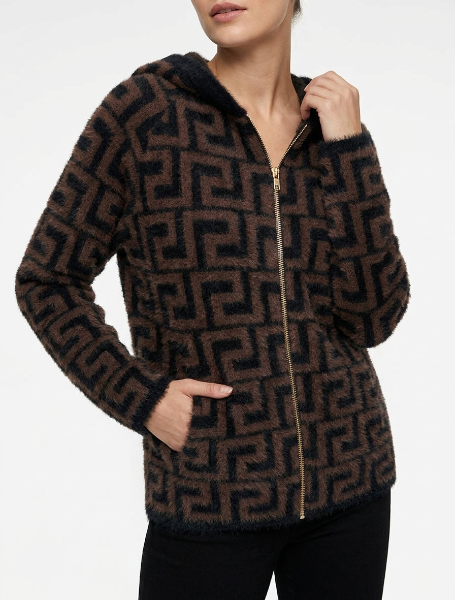 Sudadera con capucha de punto peludo con estampado gráfico - Marrón