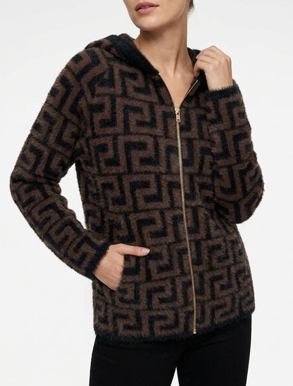 Sudadera con capucha de punto peludo con estampado gráfico - Marrón