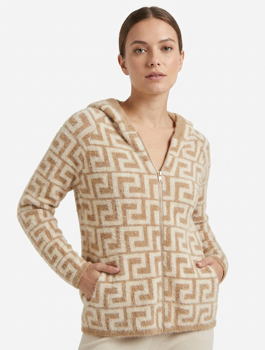 Sudadera con capucha de punto peludo con estampado gráfico - Camello