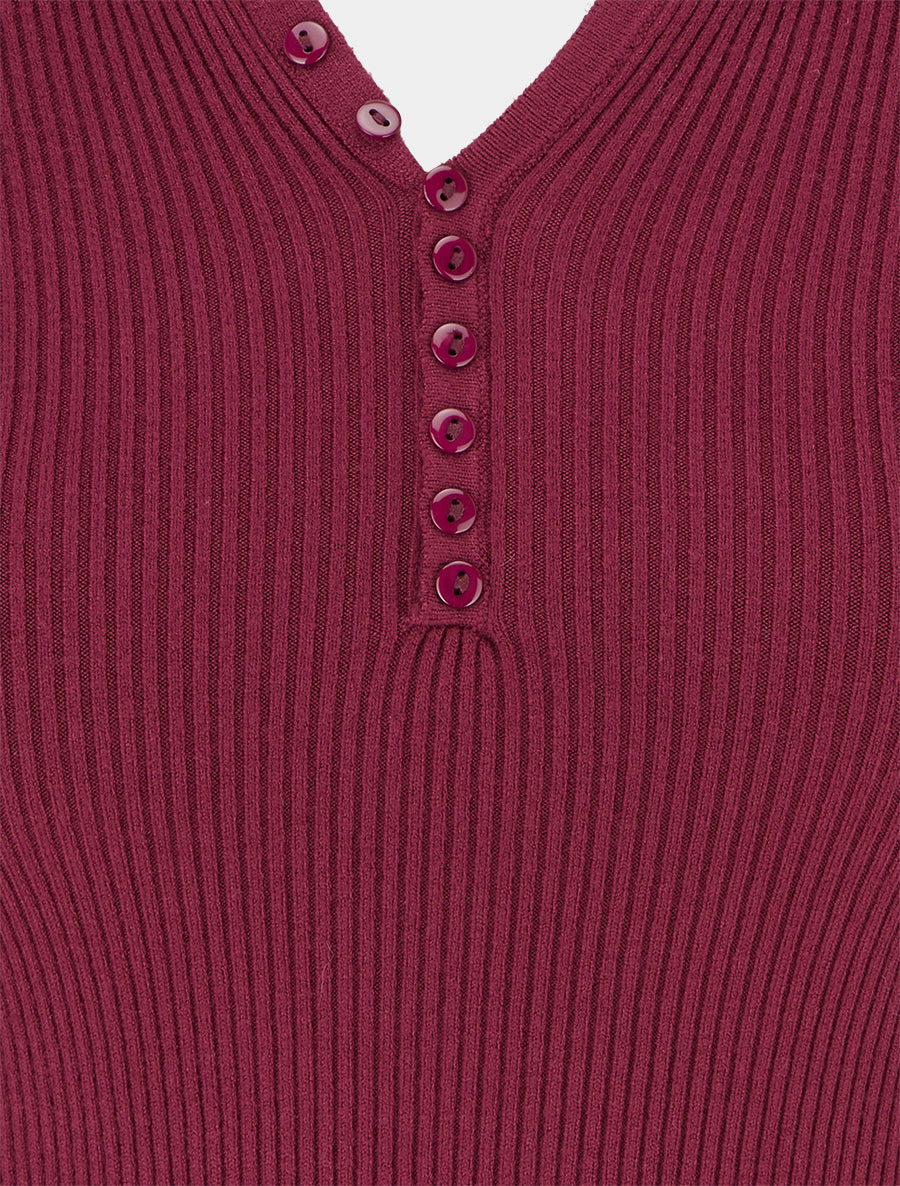 Pull ajusté et côtelé à col tunisien - Lie de vin - 3