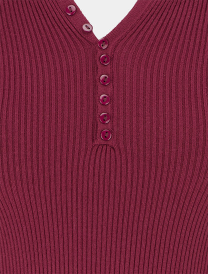 Pull ajusté et côtelé à col tunisien - Lie de vin - 3