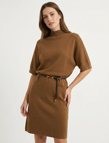 Vestido suéter recto y ceñido - Camello