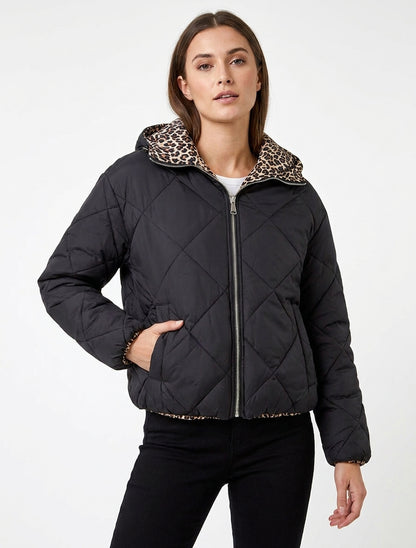 Chaqueta acolchada con cremallera y forro de leopardo - Negro