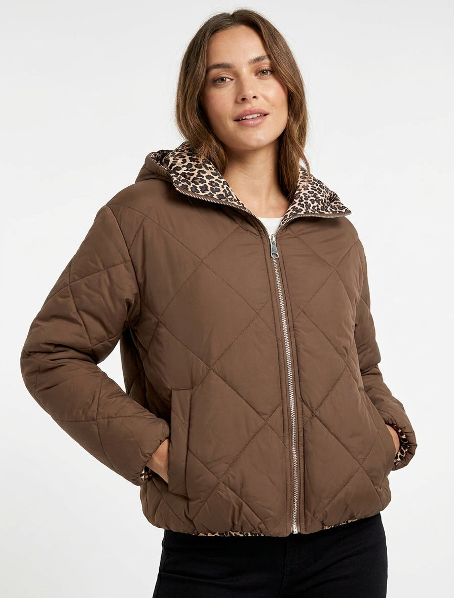 Chaqueta acolchada con cremallera y forro de leopardo - Marrón claro