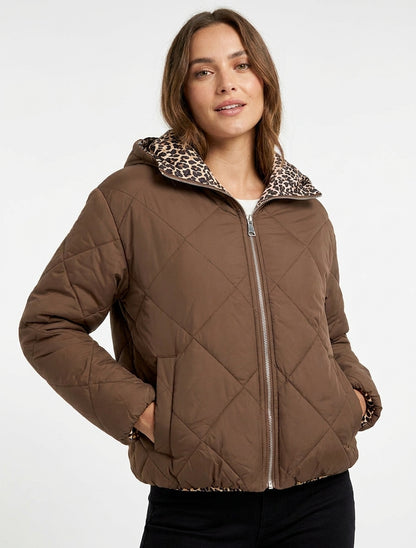 Chaqueta acolchada con cremallera y forro de leopardo - Marrón claro