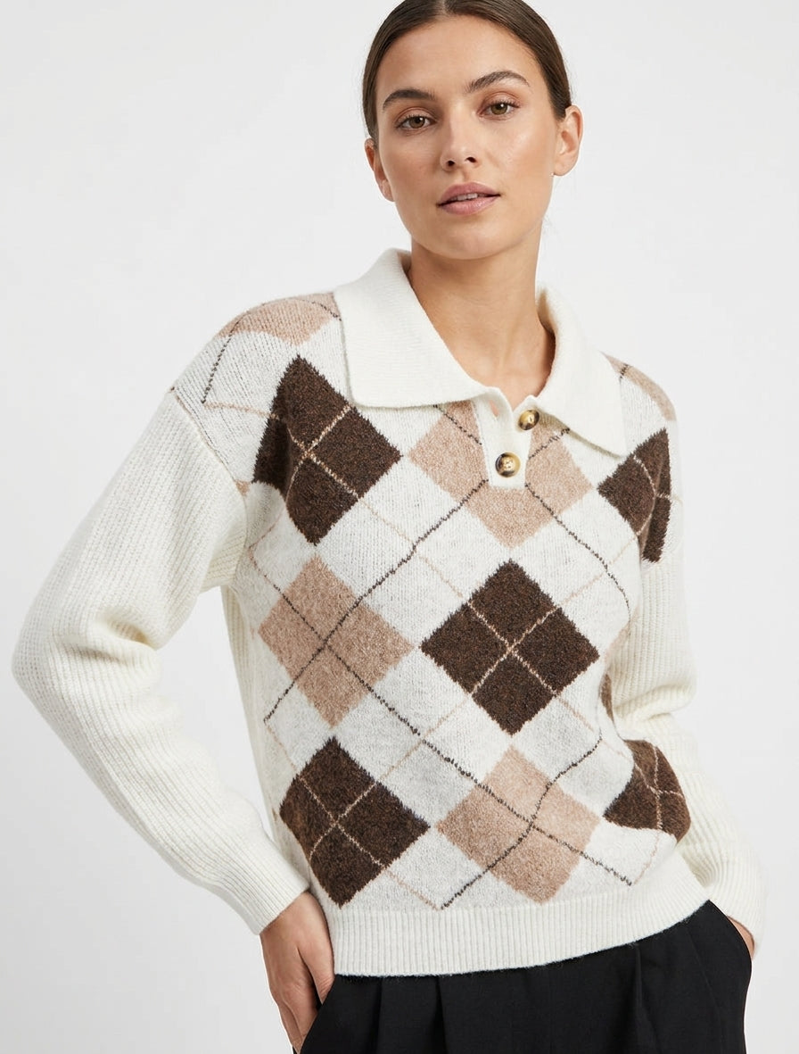 Jersey estampado a cuadros con cuello alto - Blanco