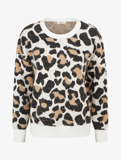 Pull à col rond et imprimé léopard - Écru - 1