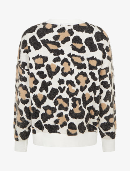 Pull à col rond et imprimé léopard - Écru - 2