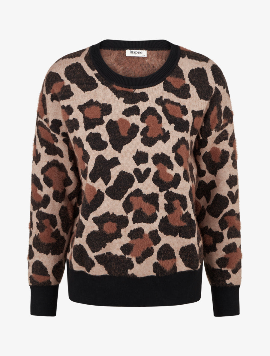 Pull à col rond et imprimé léopard - Camel - 1