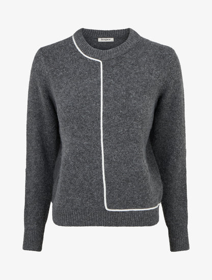 Pull laine mélangée col rond et liseré contrastant - Gris - 1