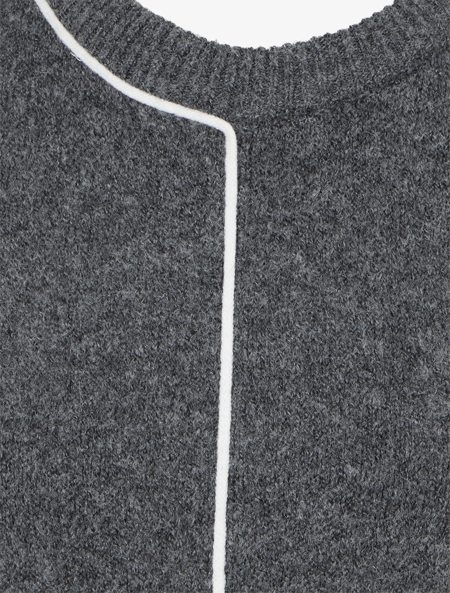 Pull laine mélangée col rond et liseré contrastant - Gris - 3