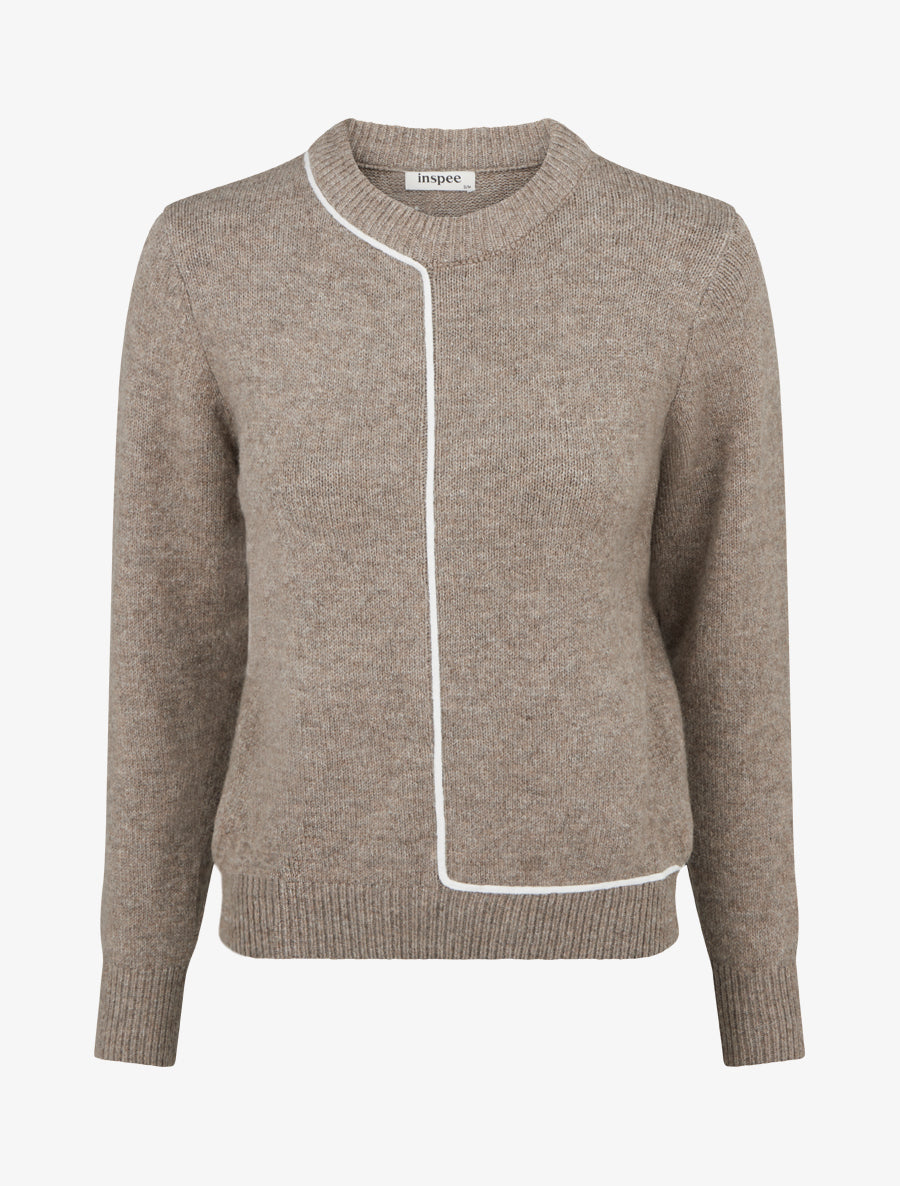 Pull laine mélangée col rond et liseré contrastant - Taupe - 1