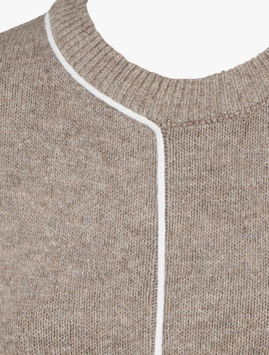 Pull laine mélangée col rond et liseré contrastant - Taupe - 3