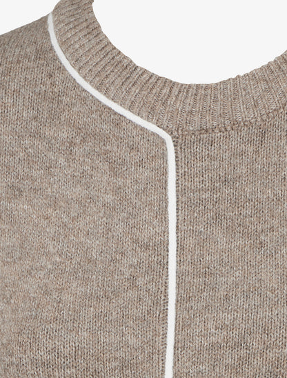 Pull laine mélangée col rond et liseré contrastant - Taupe - 3