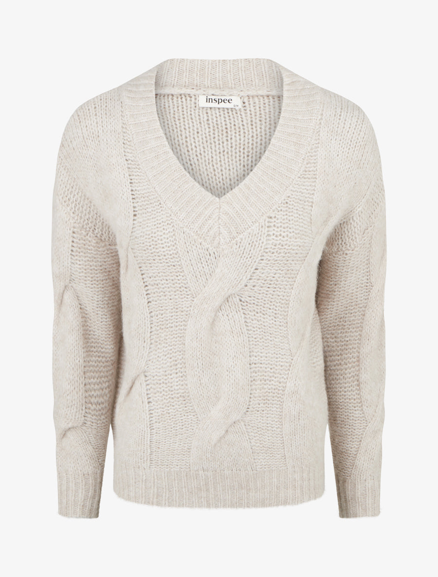 Pull laine mélangée à col V - Beige - 1