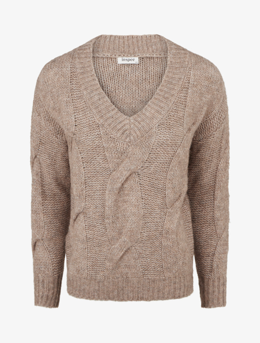 Pull laine mélangée à col V - Taupe - 1