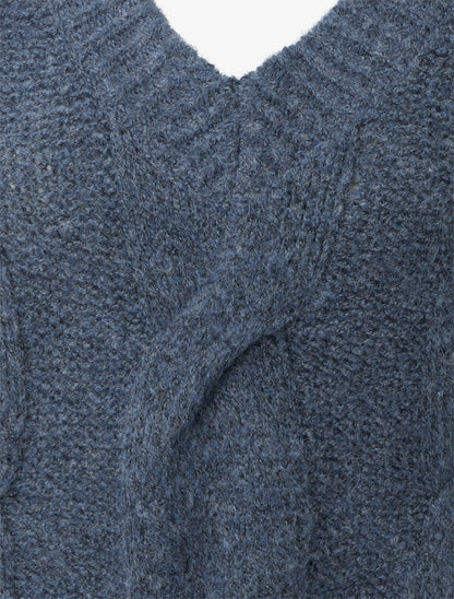 Pull laine mélangée à col V - Bleu - 3