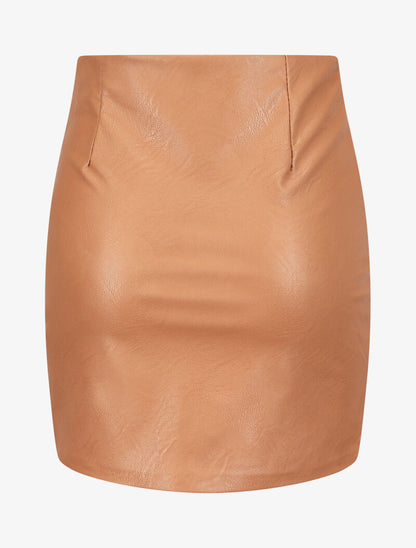 Jupe zippée en simili à bords asymétriques - Camel - 2
