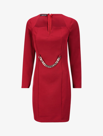 Robe ajustée à col fendu et détail chaîne - Bordeaux - 4