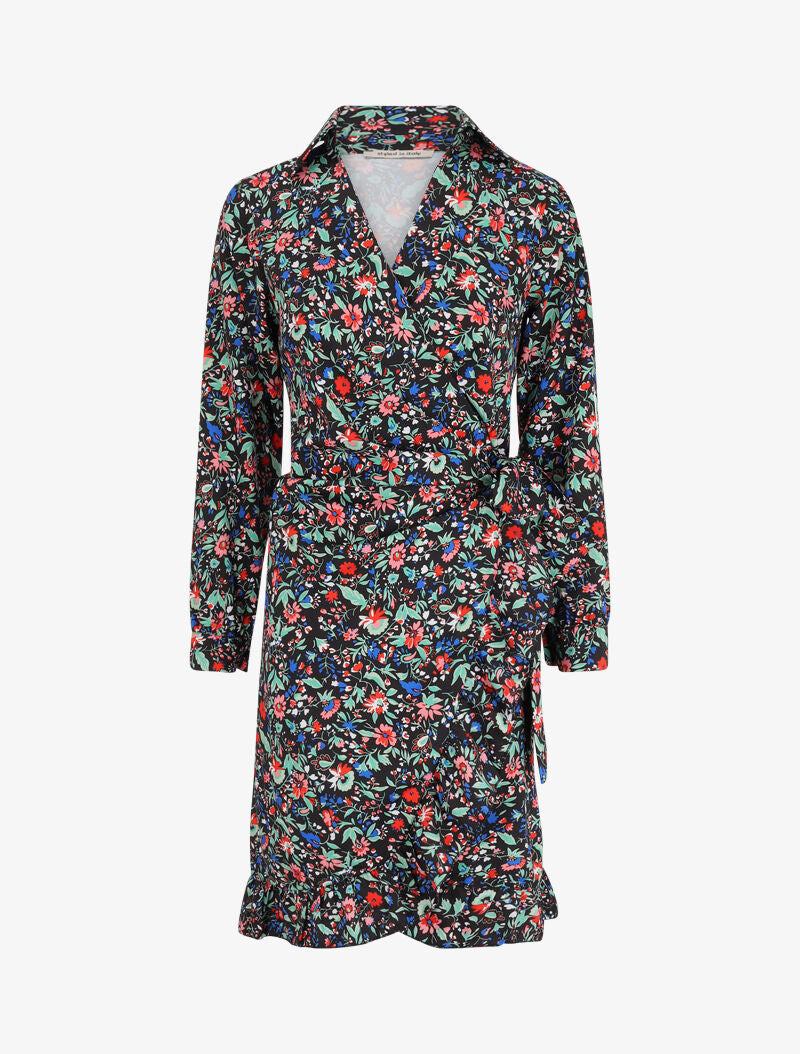 Robe portefeuille volantée à imprimé fleurs printanières - Noir - 1