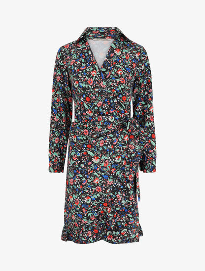 Robe portefeuille volantée à imprimé fleurs printanières - Noir - 1
