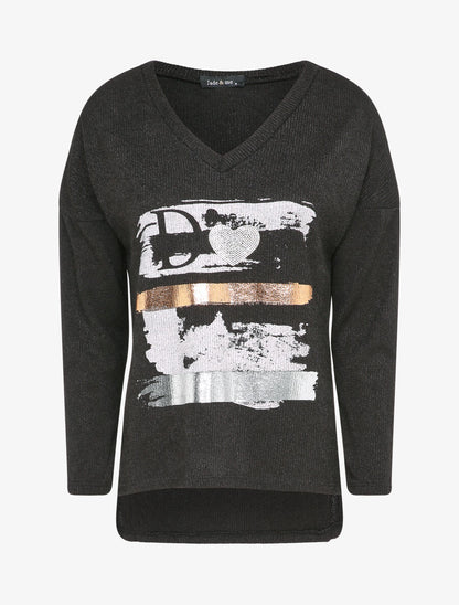 Pull à flocage irisé et coeur en strass - Noir - 1