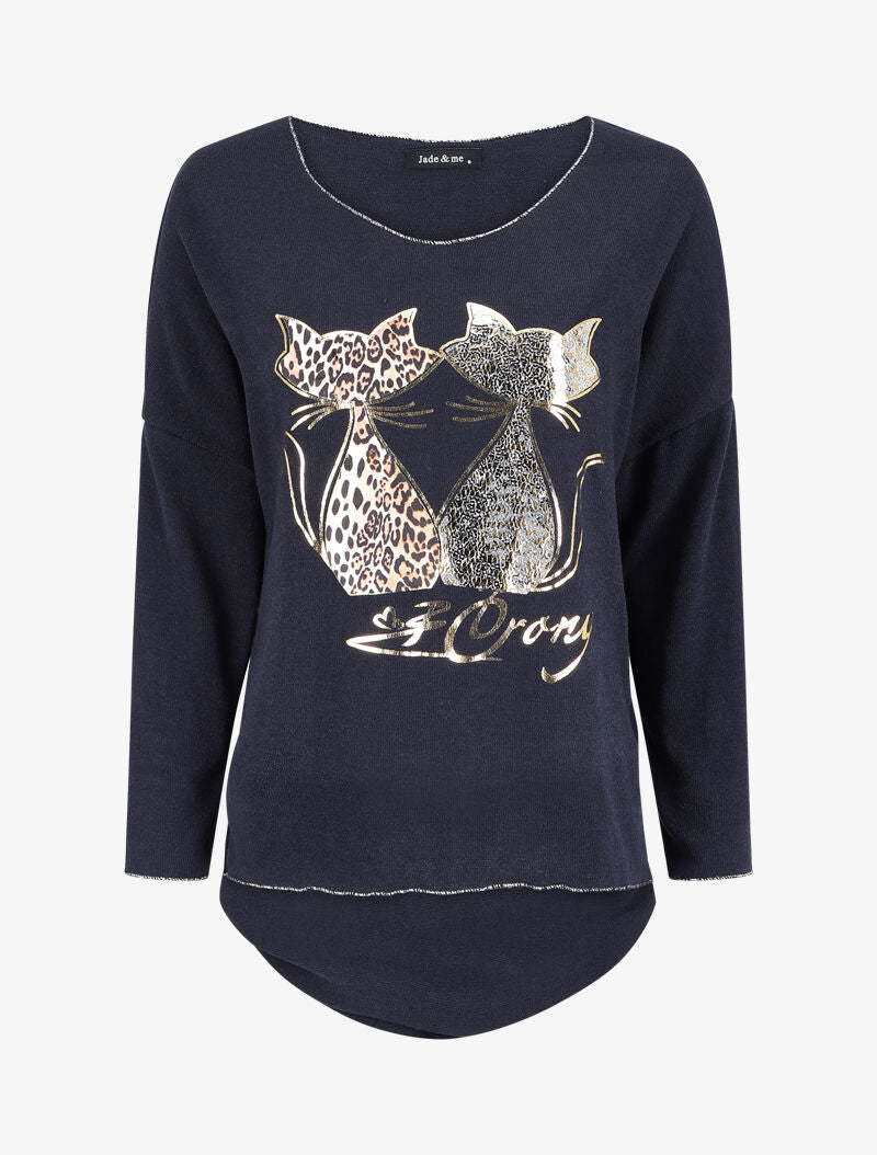 Pull à motif chat à sequin et imprimé léopard - Bleu marine - 1