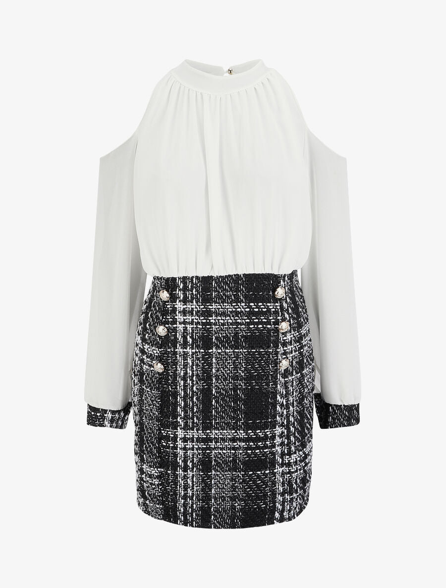 Robe bi-matière à épaules dénudées - Blanc - 1