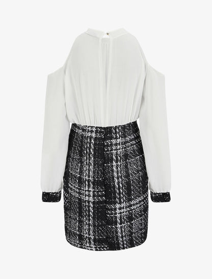 Robe bi-matière à épaules dénudées - Blanc - 2