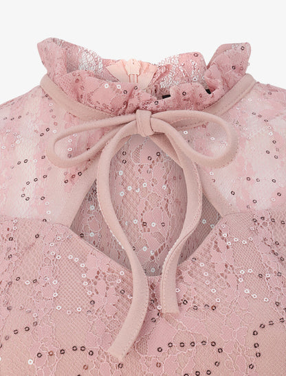 Robe à col montant et buste en dentelle et sequins - Rose poudré - 3