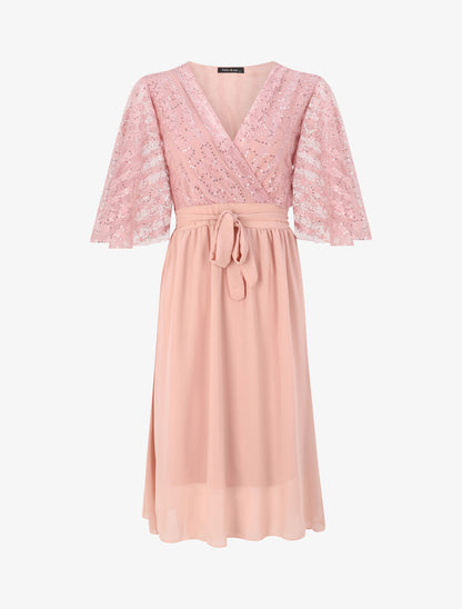 Robe empire à buste en dentelle et sequins - Rose poudré - 1