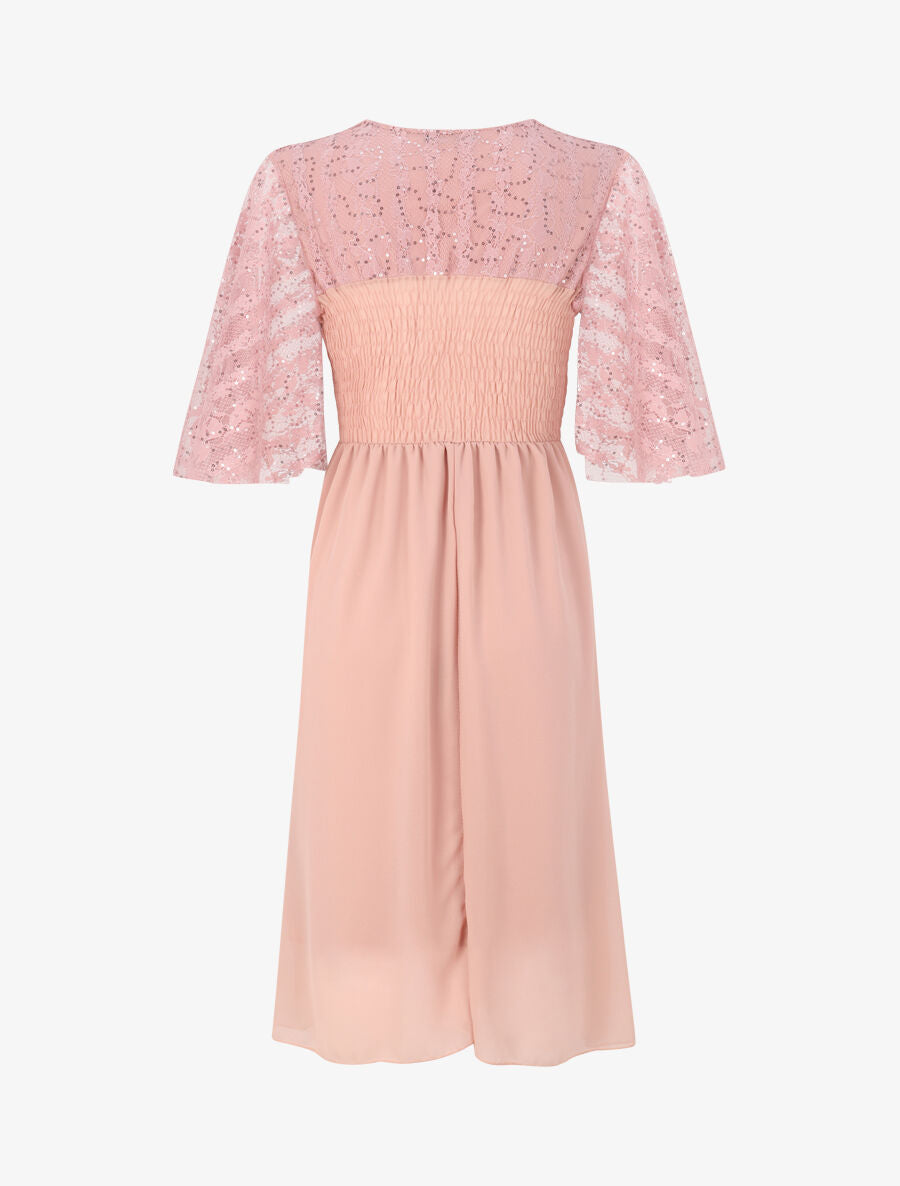 Robe empire à buste en dentelle et sequins - Rose poudré - 2