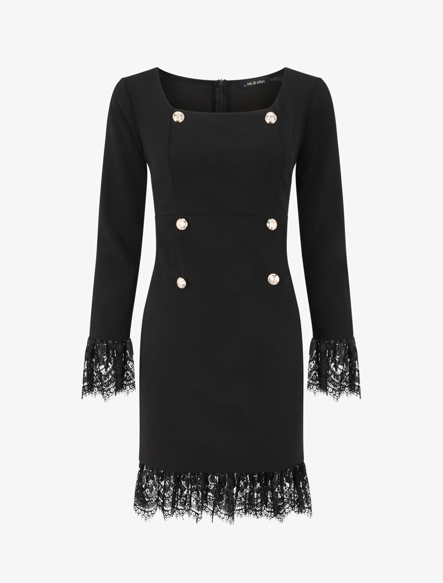 Robe à col carré et bords en dentelle - Noir - 5