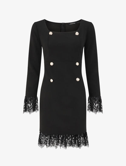 Robe à col carré et bords en dentelle - Noir - 5