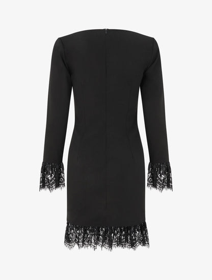 Robe à col carré et bords en dentelle - Noir - 2