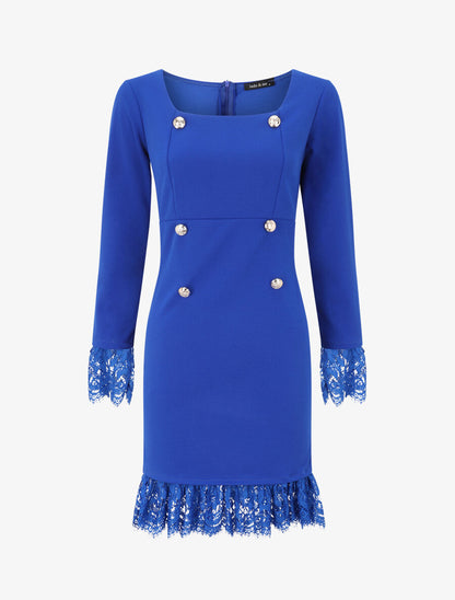Robe à col carré et bords en dentelle - Bleu électrique - 1
