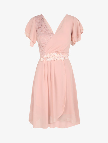 Robe à manches volantées et détail fleurs et strass - Rose poudré - 4