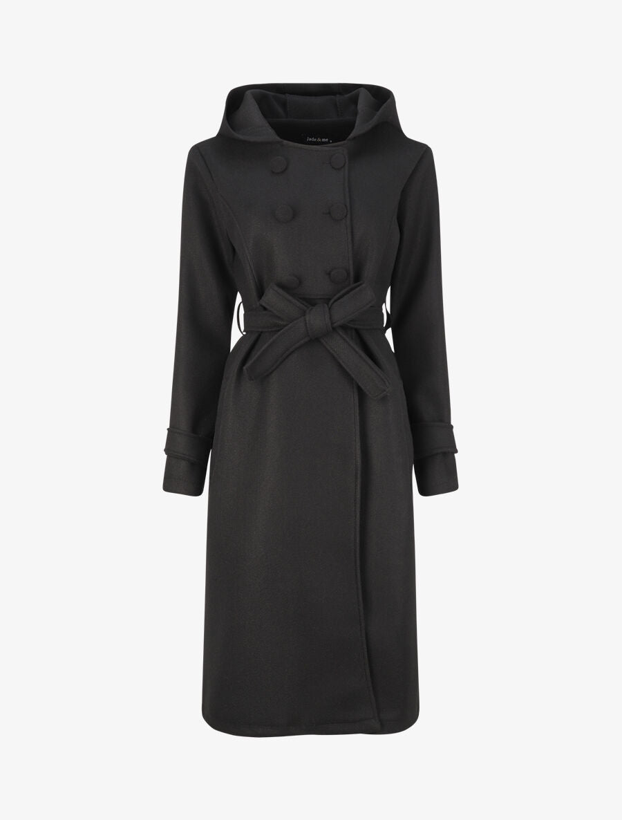 Manteau long à pans croisés et capuche - Noir - 4