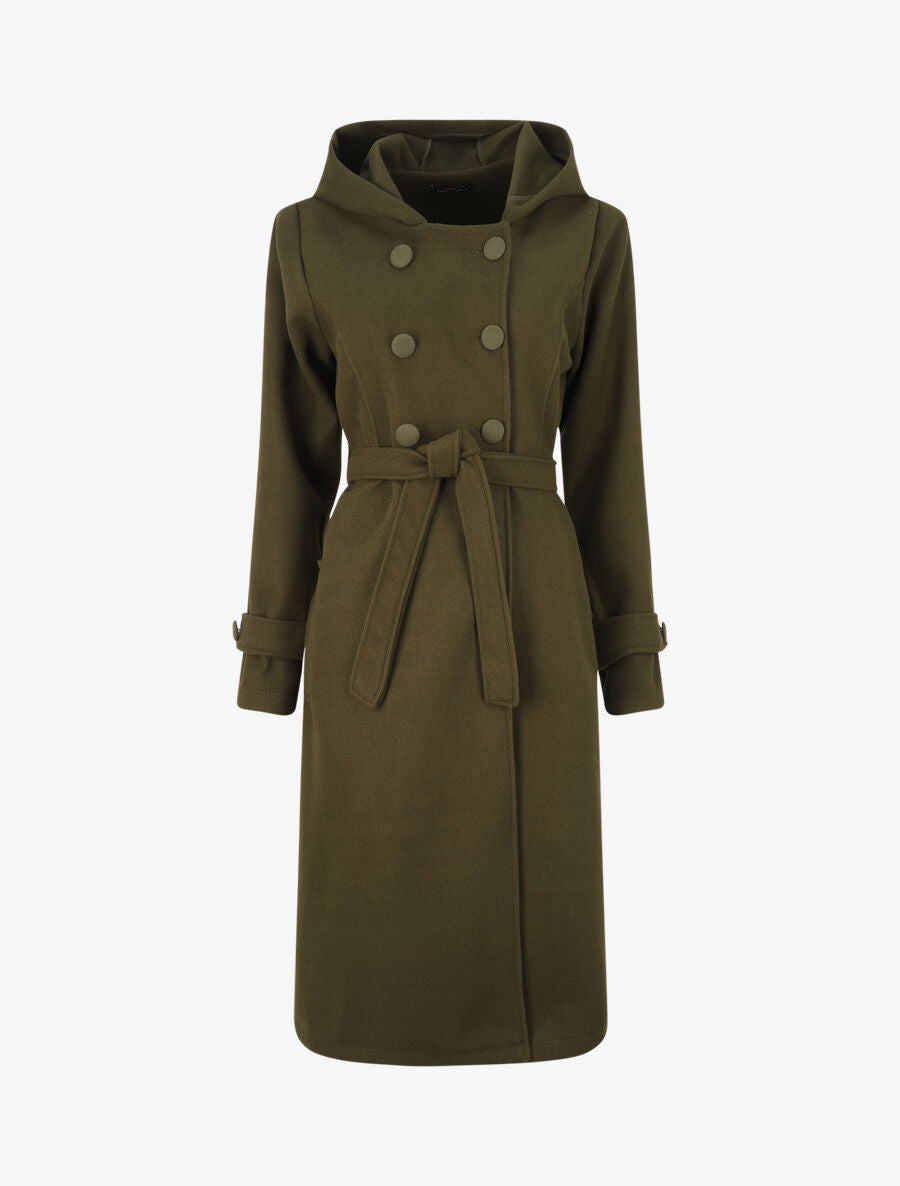 Manteau long à pans croisés et capuche - Kaki - 1