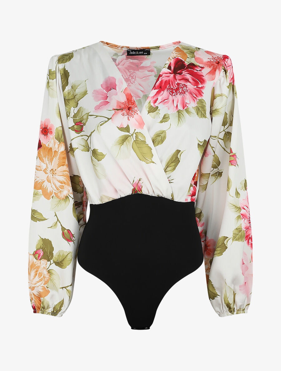 Body satiné cache-coeur imprimé pivoines - Blanc - 1