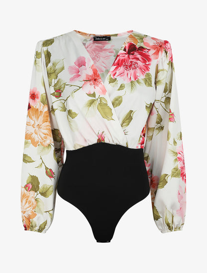 Body satiné cache-coeur imprimé pivoines - Blanc - 1