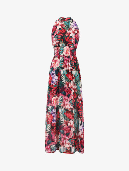Robe longue ajourée à imprimés - Noir - 1