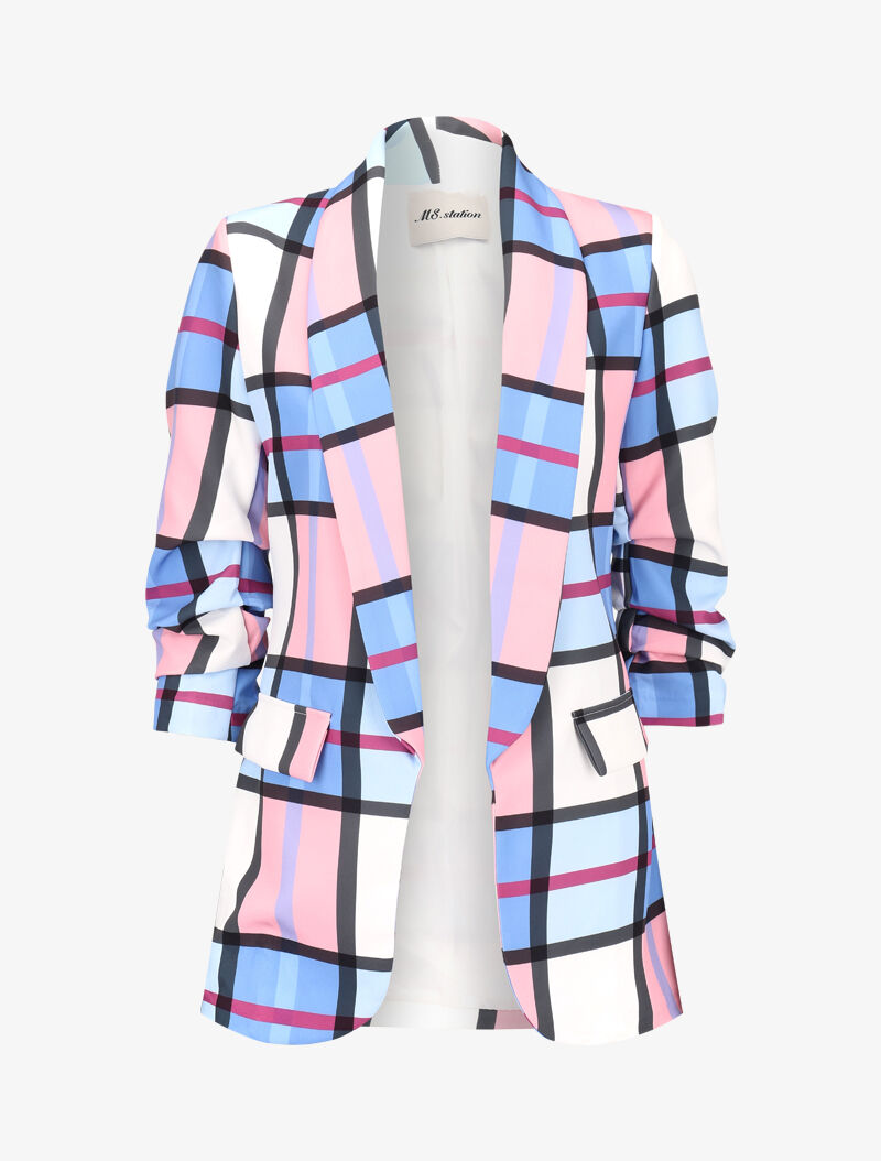 Blazer à carreaux multicolores - Bleu - 1